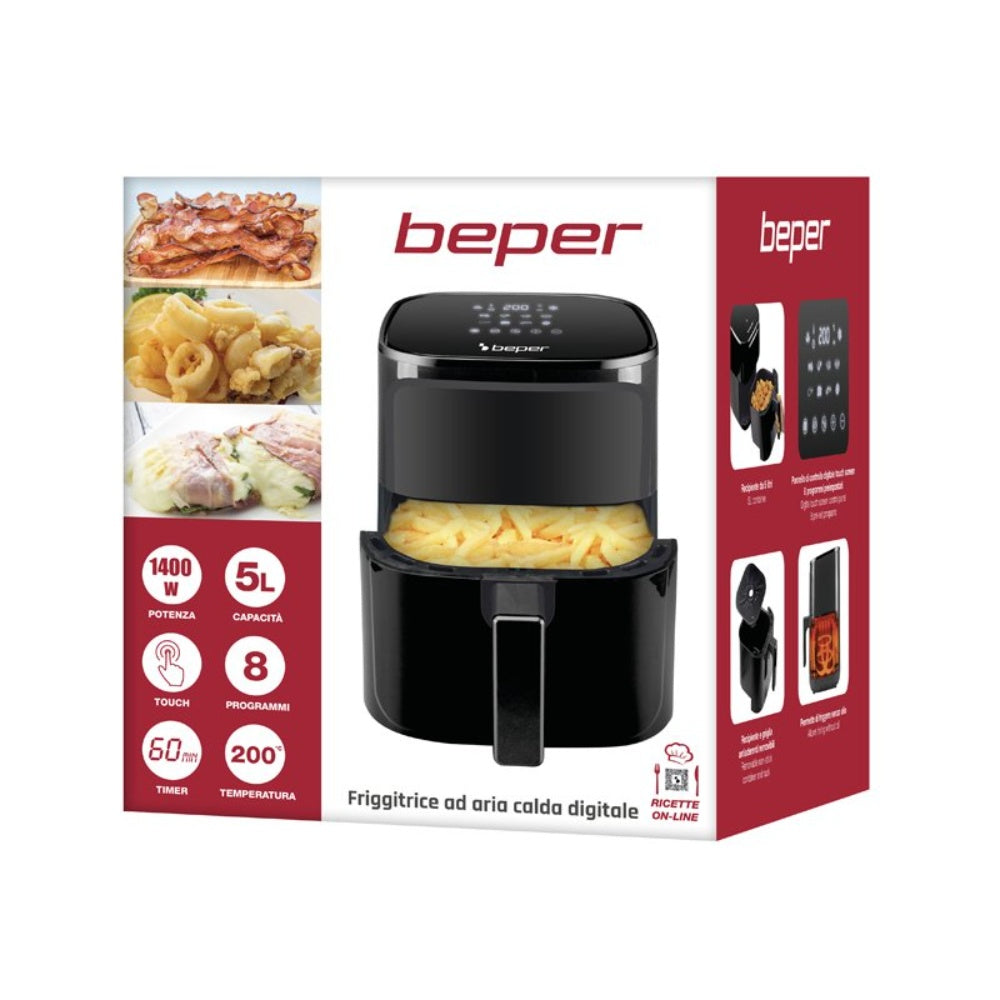 Beper, Digital Air Fryer 5L (Roasting, Baking & Grilling), Digital Operating Panel, Touch Sensor, 8 Pre-Set Programmes, Temperature From 80C to 200C, BEP-P101FRI051
