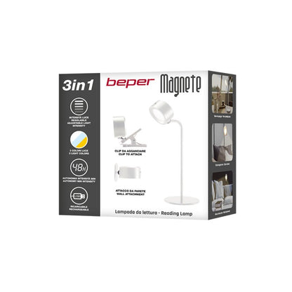 Beper Wireless Reading Lamp, 3 Applications, Table/Wall Lamp With Clip, 2.3W, Rechargeable With USB Type-C Cable, 3 Light Tones, White, BEP-P201UTP302
