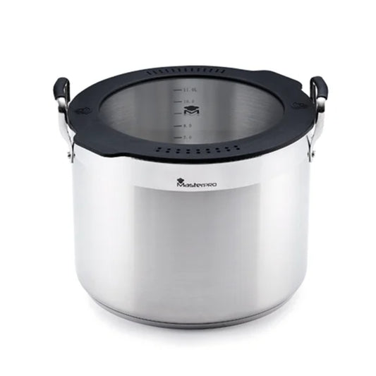 MASTERPRO Casserole 28cm 12.9L, Glass LID With Silicone Rim And Double Drainer, Heat Resistant Handle, Non-Stick Coating, Dishwasher Safe, Stainless Steel, BGEU-3780