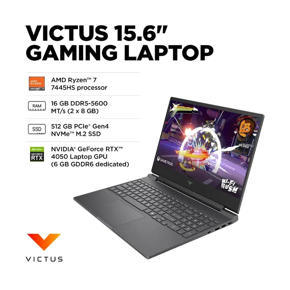 HP, Victus Gaming Laptop, Amd Ryzen 7 7445Hs, 512Gb Ssd, 16Gb Ddr5, 15.6 Inch, 1920X1080, Nvidia Geforce Rtx 4050 6Gb, W11H, Silver, 1 Year Warranty