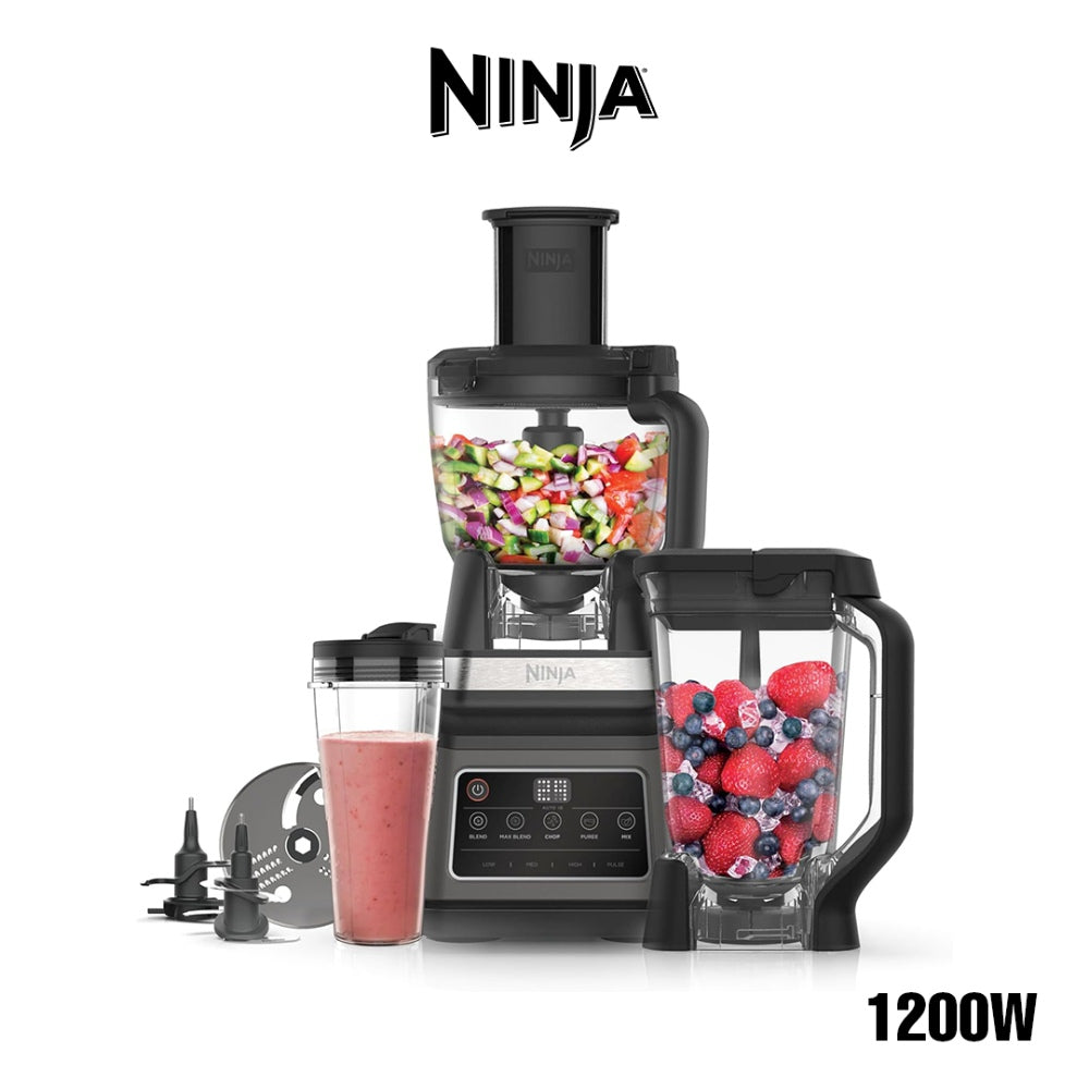 Ninja, 3-In-1 Food Processor And Blender With 5 Programs: Mixer, Mixer Max, Chop, Mix, Puree, Bowl 1.8L, Jug 2.1L, Cup 700Ml, 1200W, Dishwasher Safe, Auto-Iq, Black Bn800Eu