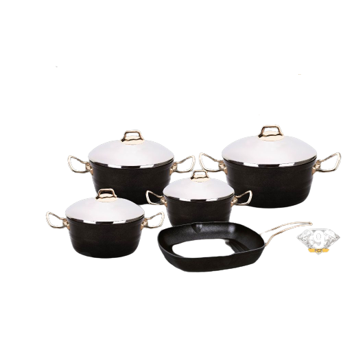 Bonera, Diamond Griller Non Stick 9Pc Set Black, 4Mm Forged Aluminium With Giftbox (18-20-24-28Cm Pot, 28X28Cm Grill Pan)