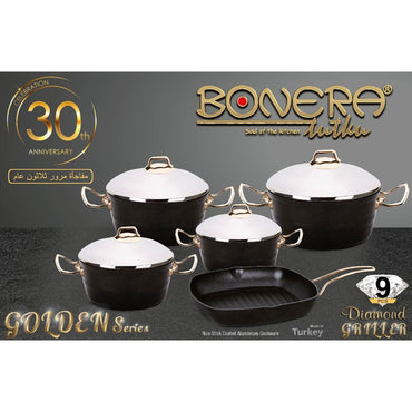 Bonera, Diamond Griller Non Stick 9Pc Set Black, 4Mm Forged Aluminium With Giftbox (18-20-24-28Cm Pot, 28X28Cm Grill Pan)