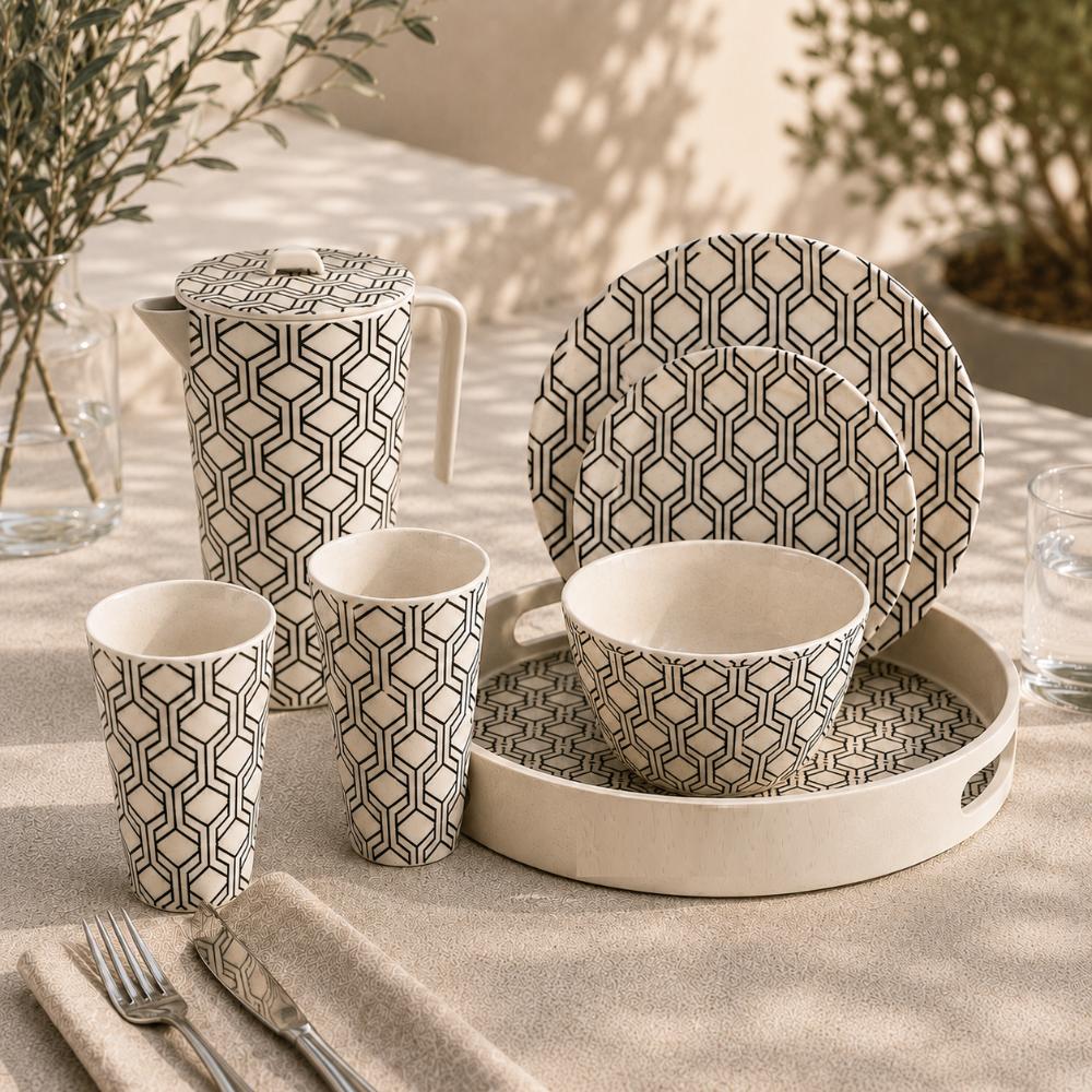 Eco Bamboo Fibre 18-Piece Dining & Serving Set | Geometric Pattern