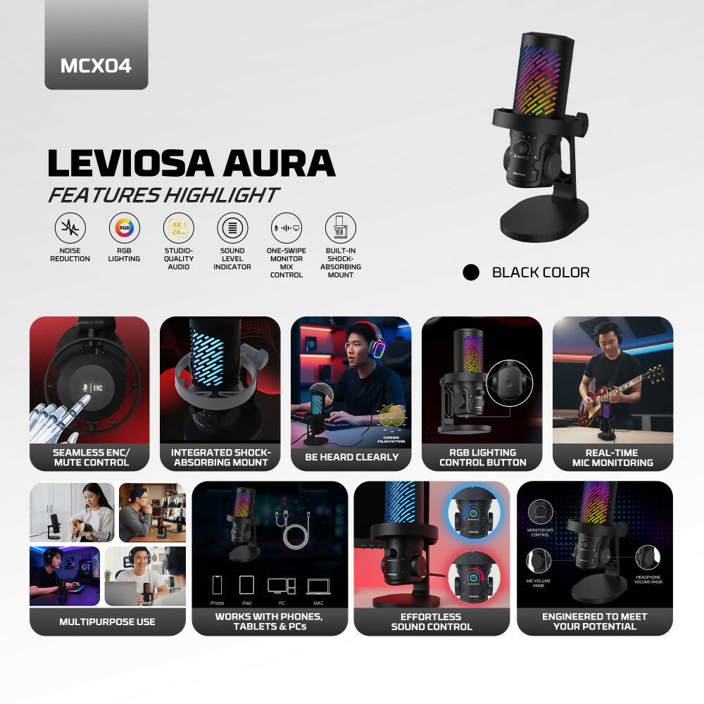 Fantech Leviosa Aura MCX04 USB Condenser Microphone | RGB & ENC Ideal for streamers, YouTubers, gaming, podcasts & recording