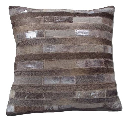 Real Cow Hide Hair On Leather Cushion Stripes Grey/Silver 40X40 Cm
