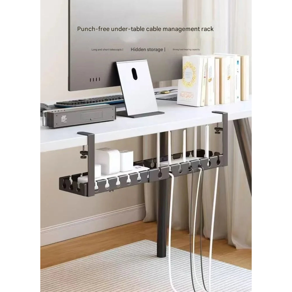 Retractable Under‑Desk Cable Management Tray, Adjustable 43 to 74×14×4 cm, Clamp‑Mount No‑Drill, Cable & Power Strip Organizer