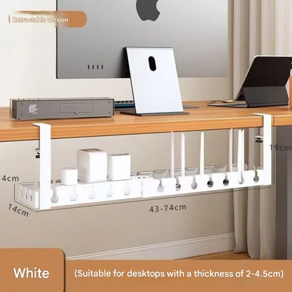 Retractable Under‑Desk Cable Management Tray, Adjustable 43 to 74×14×4 cm, Clamp‑Mount No‑Drill, Cable & Power Strip Organizer