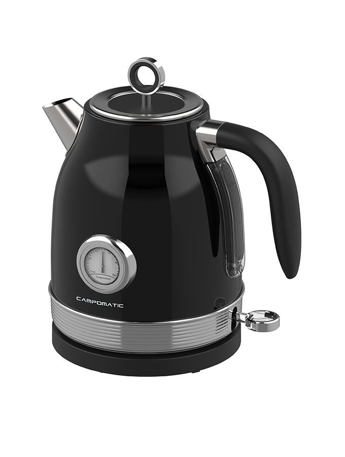 Campomatic, Retro Vintage Kettle, Black & Chrome Metal Body, Round Thermometer, 1.7L, 2200W, Auto Shut Off
