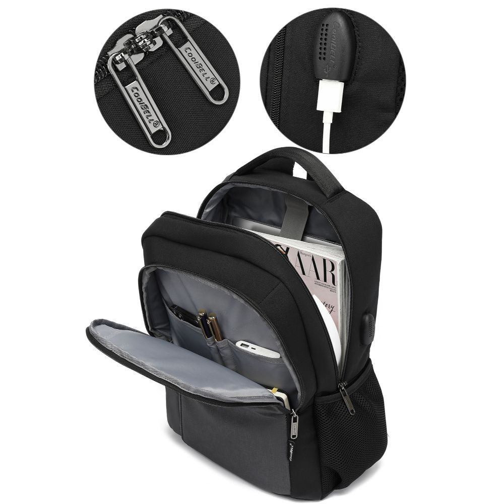 CoolBell, Travel Backpack, Business Laptop Backpack, Water Resistant Hiking School Backpack, College Student Book Bag With Usb Charging Port, Black