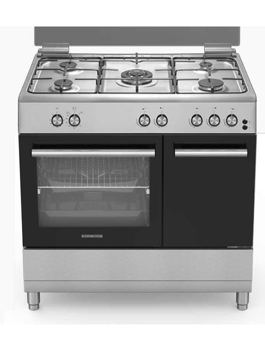 Campomatic, 90Cm Cooker With Bottle Compartment, 2 Knobs, Gas-Gas, 4G + 1Tb, Glass Cover With Full Aluminium Front Profile, Timer, Flat Matt Enamelled Pan Support, Ignition, Slide Out Inner Door, Full Body Ss