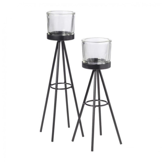 Tea Light Holder Glass Metal Black 2 Pcs