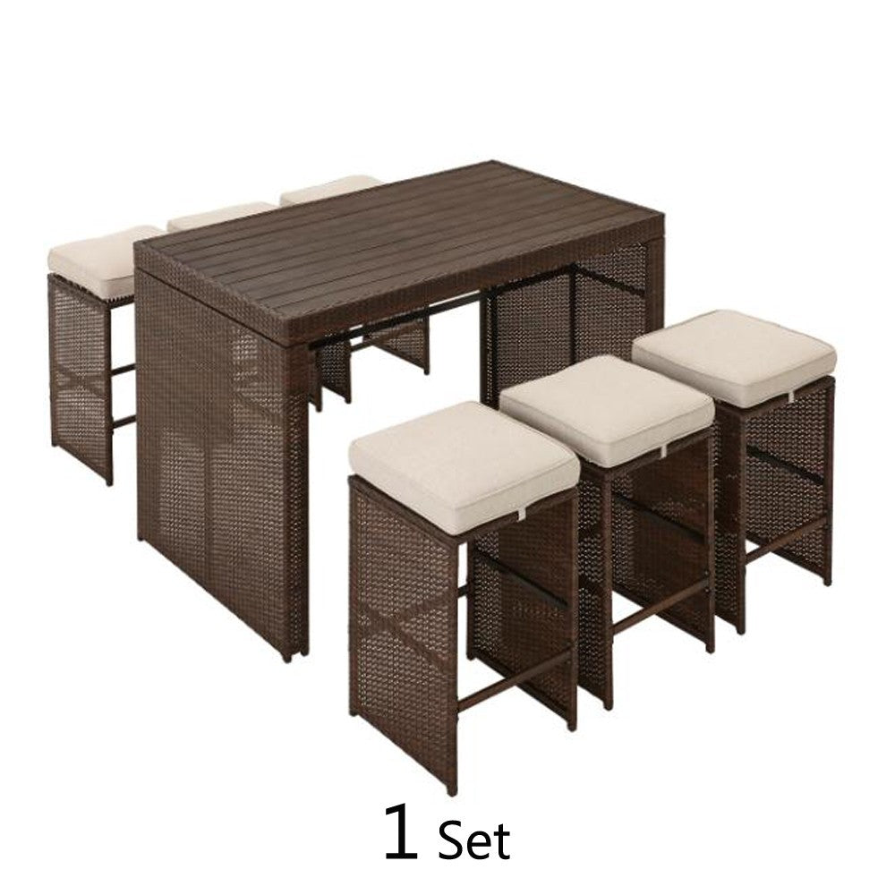 Cool Gift, 7-Piece Rattan Chair Bar Patio Set with Off-white Cushions