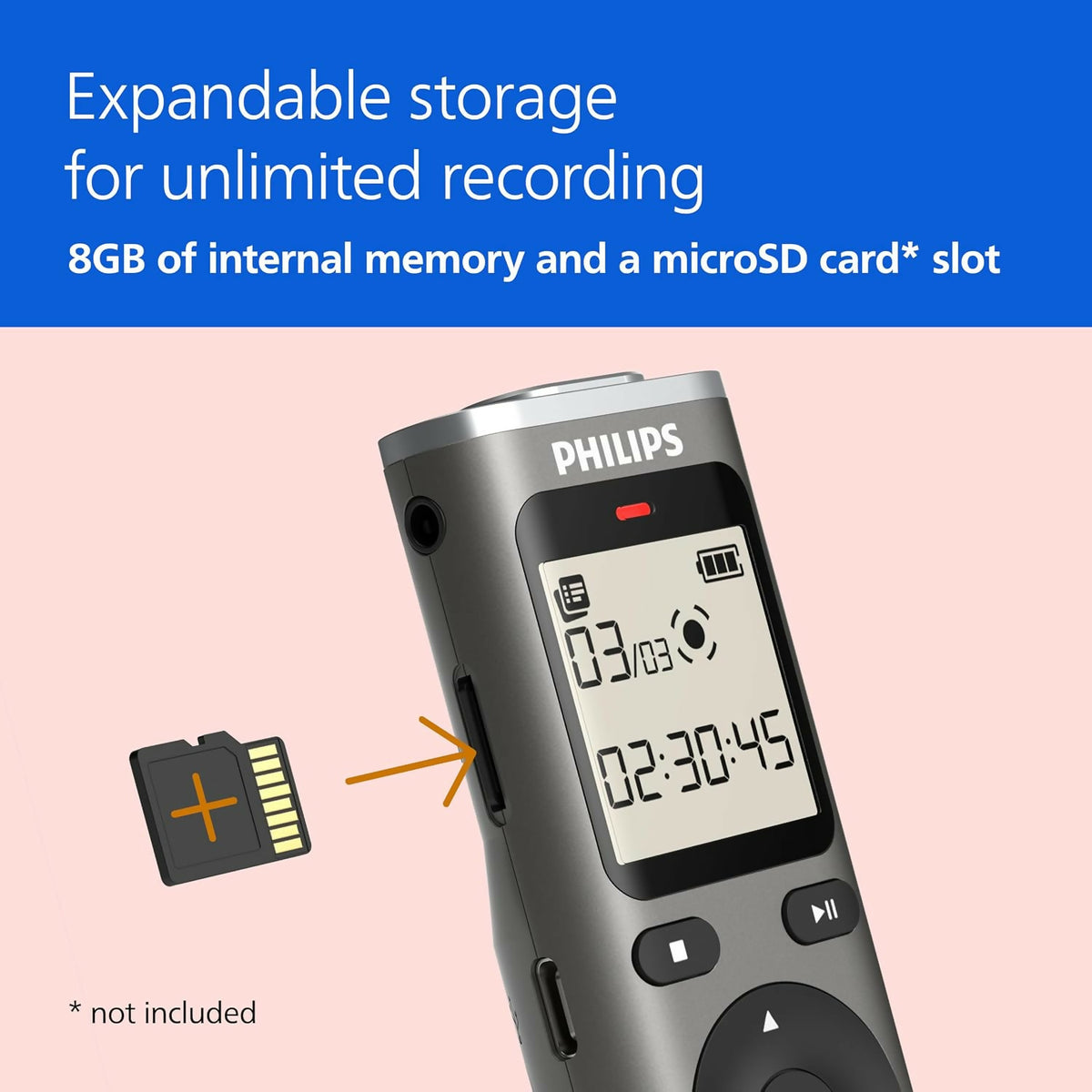 Philips DVT1170 VoiceTracer, Audio Recorder, 8GB, Micro SD Card Slot, 360° Microphone for Excellent Sound