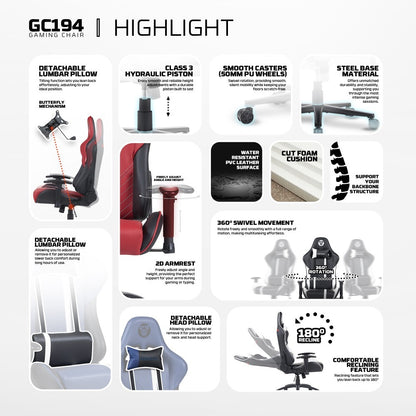 Fantech, Gc194 Ergonomic Gaming Chair With 2D Armrests, Extreme Stability Metal Base, Available in Different Colors
