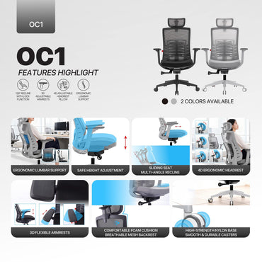 Fantech, OC1 Ergonomic Chair | 4D Headrest, Adjustable Lumbar, 3D Armrests Gray, CHAIR D58