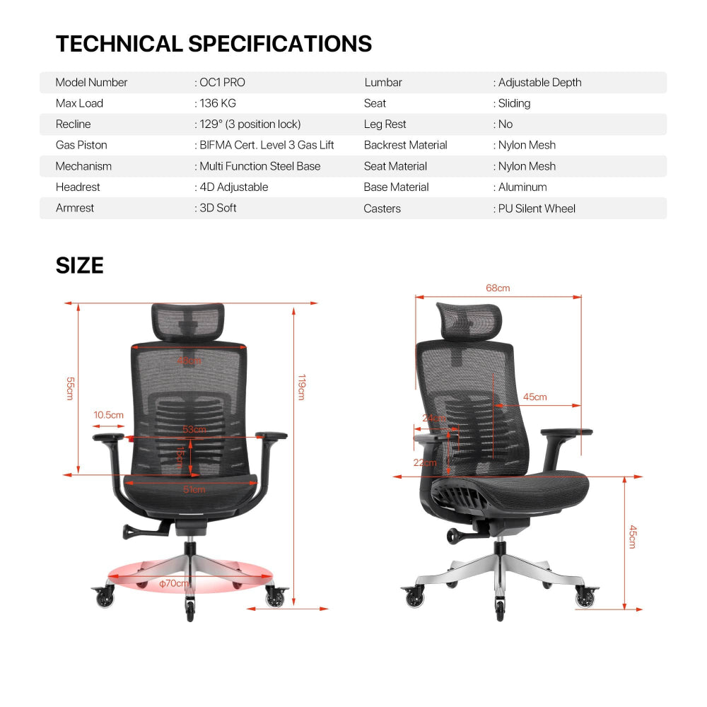 Fantech, OC1 PRO Professional Ergonomic Chair for All-Day Work Comfort Gray, CHAIR D60