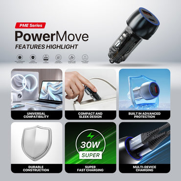 Fantech, Powermove Pme302 Dual Port Car Charger - Total 45W Power