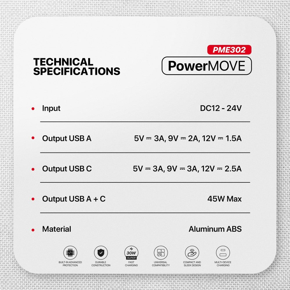 Fantech, Powermove Pme302 Dual Port Car Charger - Total 45W Power