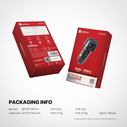Fantech, Powermove Pme302 Dual Port Car Charger - Total 45W Power