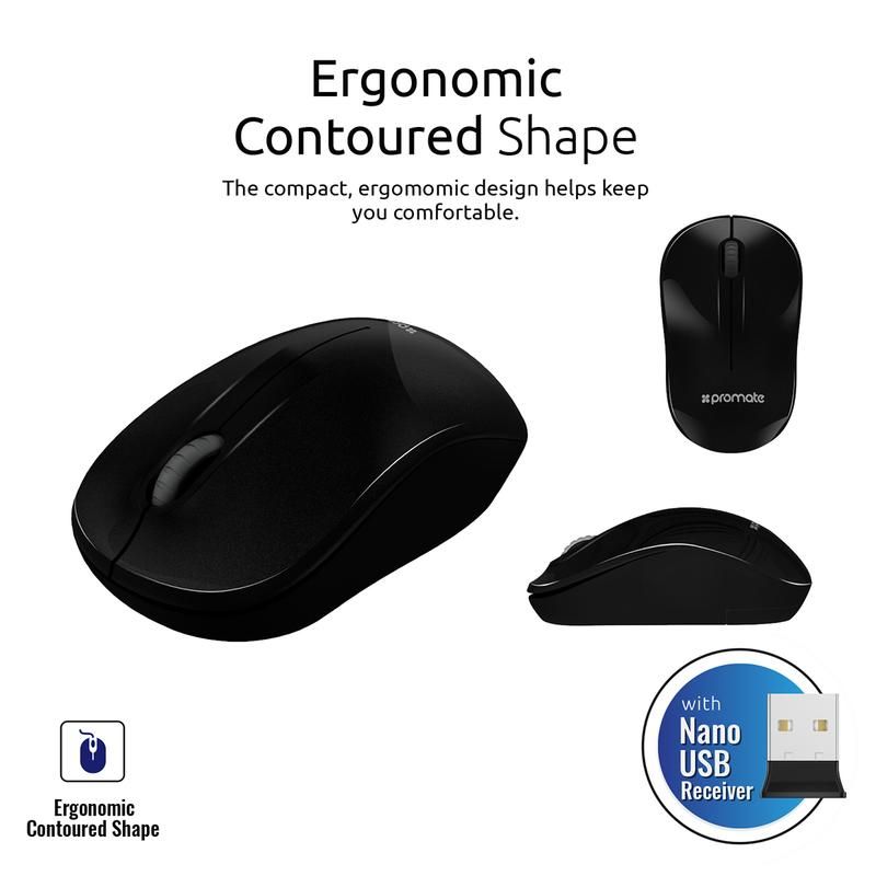 Promate, 2.4Ghz Wireless Mouse With Nano Usb Receiver, Black