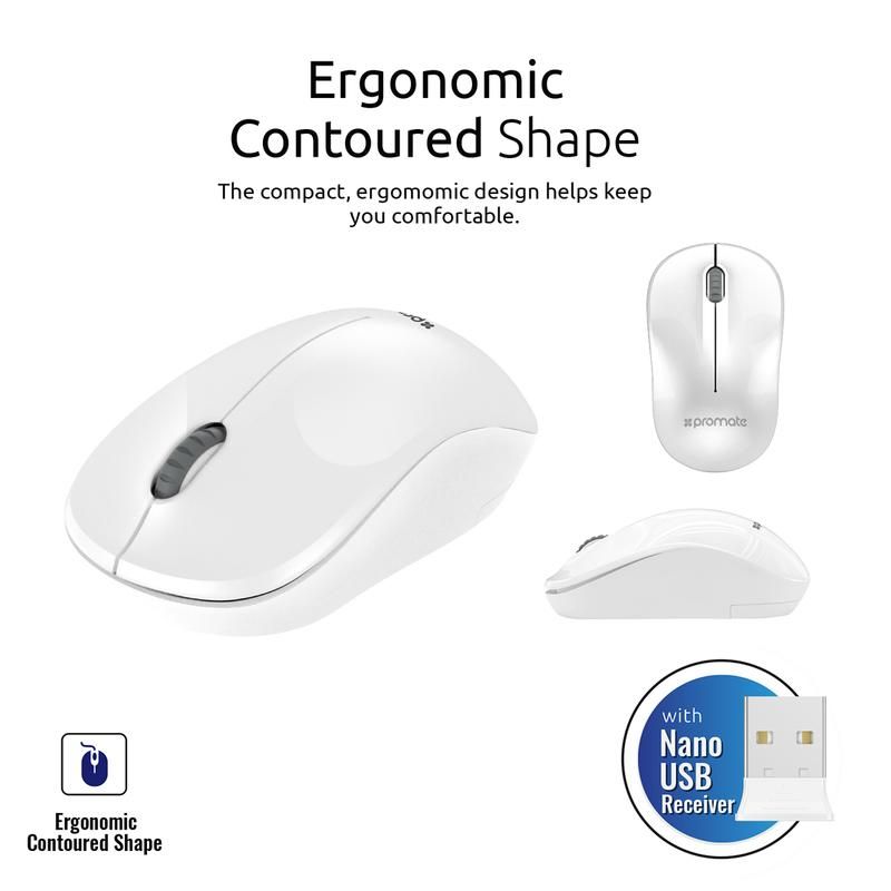 Promate, 2.4Ghz Wireless Mouse With Nano USB Receiver, White