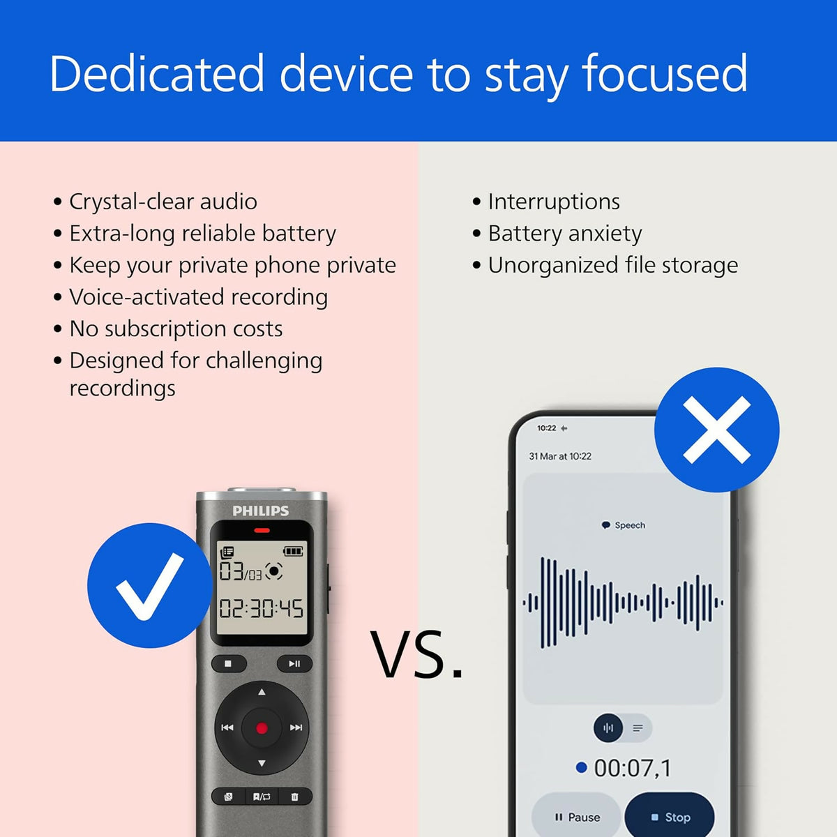 Philips DVT1170 VoiceTracer, Audio Recorder, 8GB, Micro SD Card Slot, 360° Microphone for Excellent Sound