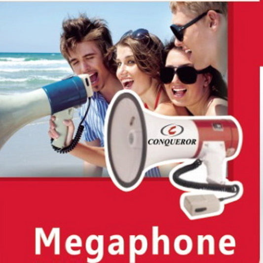 Conqueror Megaphone Speaker 50 Watt with  Volume & Voice Recording - G228? Megaphone Speaker with 50 Watt power? Adjustable Volume Control? Talk, Siren & Record functions? Record message that will repeat as long as you want? Foldable handle for Easy