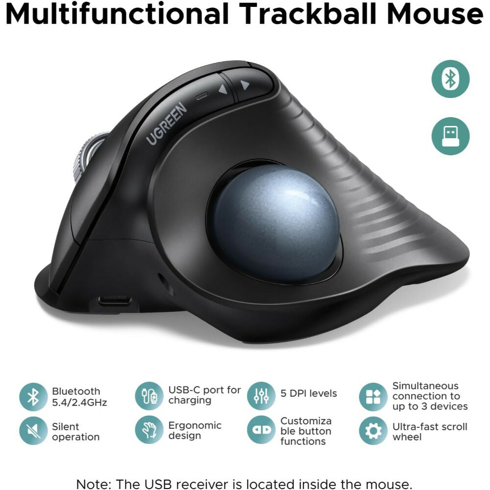 UGREEN Ergonomic Wireless Trackball Mouse, BT & 2.4G, 2000 DPI, Multi-Device Pairing, USB-C Rechargeable - M785DR 85892