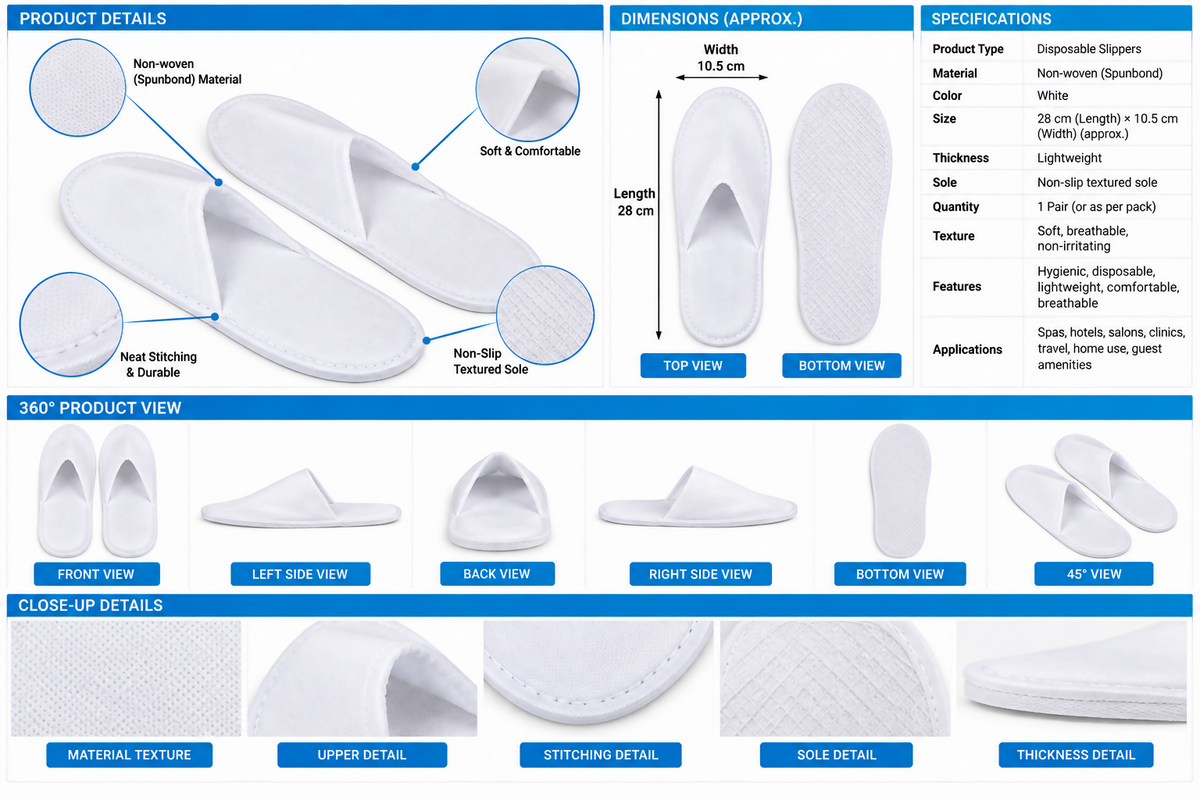 La Perla Tech, White Disposable Slippers, Cotton Closed Toe Spa Slippers, 6414202116958
