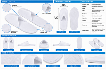 La Perla Tech, White Disposable Slippers, Cotton Closed Toe Spa Slippers, 6414202116958