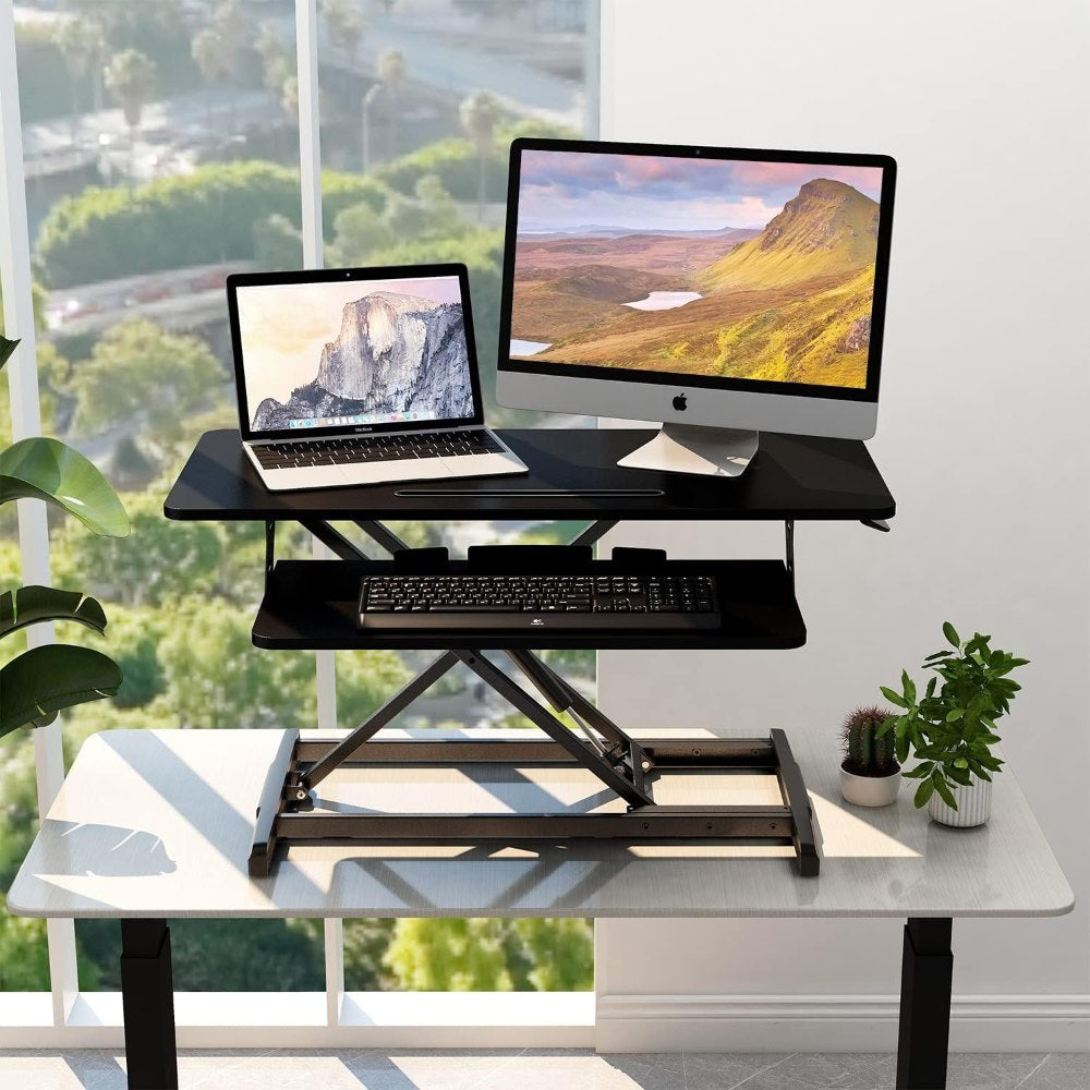 Adjustable Gas Spring Sit-Stand Desk Riser ? Ergonomic Height-Adjustable Workstation With Keyboard Tray And Large Surface