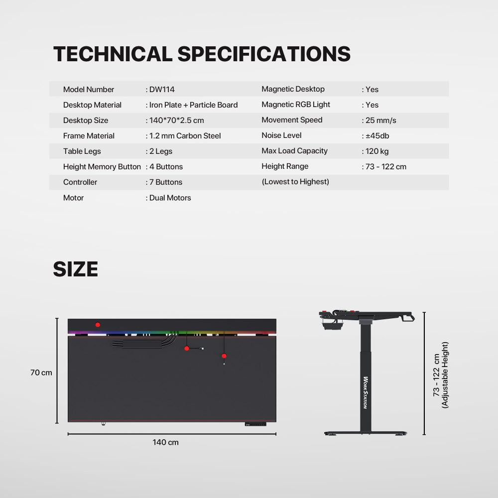 Fantech, DW114 DUBLIN Work Station, Dual Electrical Motor, Adjustable Height Desk, load up to 120KG, Magnetic Mousepad, DESK D42