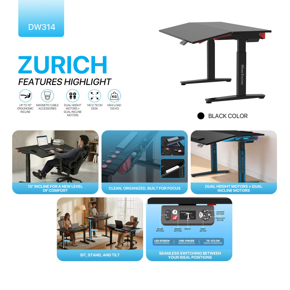 FANTECH Zurich DW314 Dual-Motor Standing Desk with 15°Ergonomic Tilt, Magnetic Cable Management & 100kg Load Heavy Duty Frame