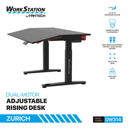 FANTECH Zurich DW314 Dual-Motor Standing Desk with 15°Ergonomic Tilt, Magnetic Cable Management & 100kg Load Heavy Duty Frame