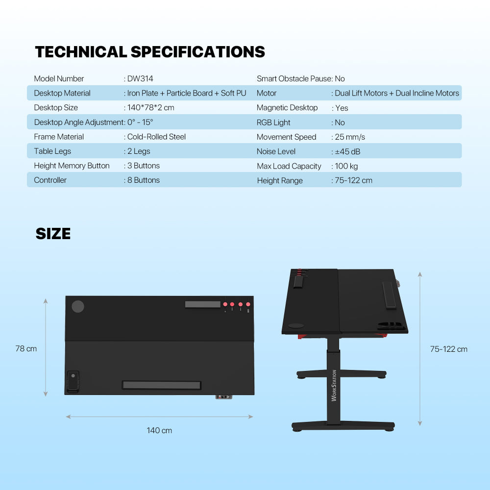 FANTECH Zurich DW314 Dual-Motor Standing Desk with 15°Ergonomic Tilt, Magnetic Cable Management & 100kg Load Heavy Duty Frame
