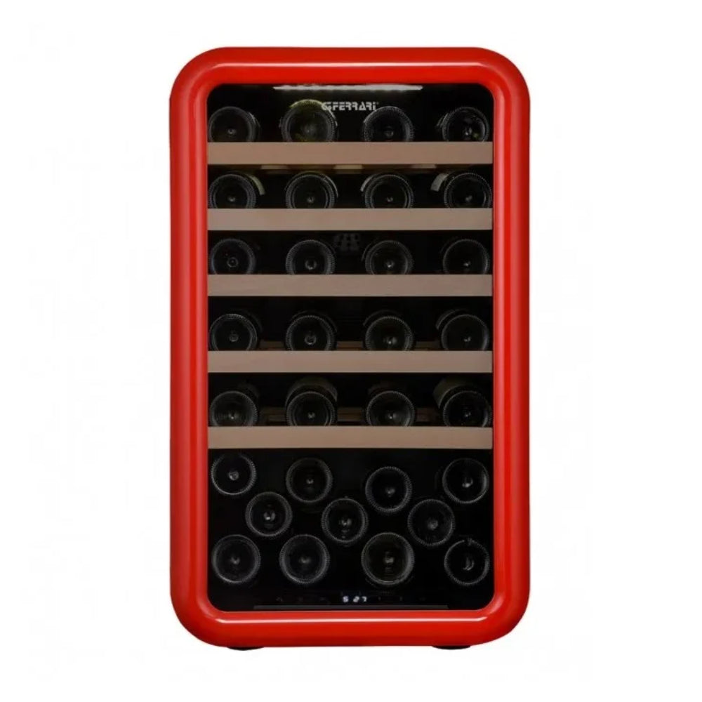 G3Ferrari 46 Bottles Single Zone Wine Cooler, Glossy Red Arcl Door Frame - Two Layers Low-E Glass, 5-20C, 5 Beech Wood Shelves, Touchpad Control Panel With White Digital Display, LED Top Strip Light, Carbon Filter, Fan Cooling System, DSWC46B01R