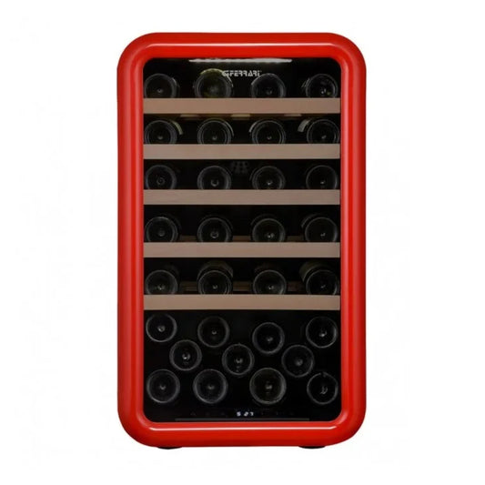 G3Ferrari 46 Bottles Single Zone Wine Cooler, Glossy Red Arcl Door Frame - Two Layers Low-E Glass, 5-20C, 5 Beech Wood Shelves, Touchpad Control Panel With White Digital Display, LED Top Strip Light, Carbon Filter, Fan Cooling System, DSWC46B01R