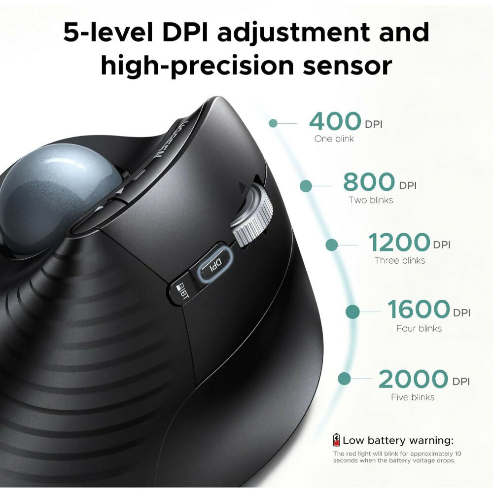 UGREEN Ergonomic Wireless Trackball Mouse, BT & 2.4G, 2000 DPI, Multi-Device Pairing, USB-C Rechargeable - M785DR 85892