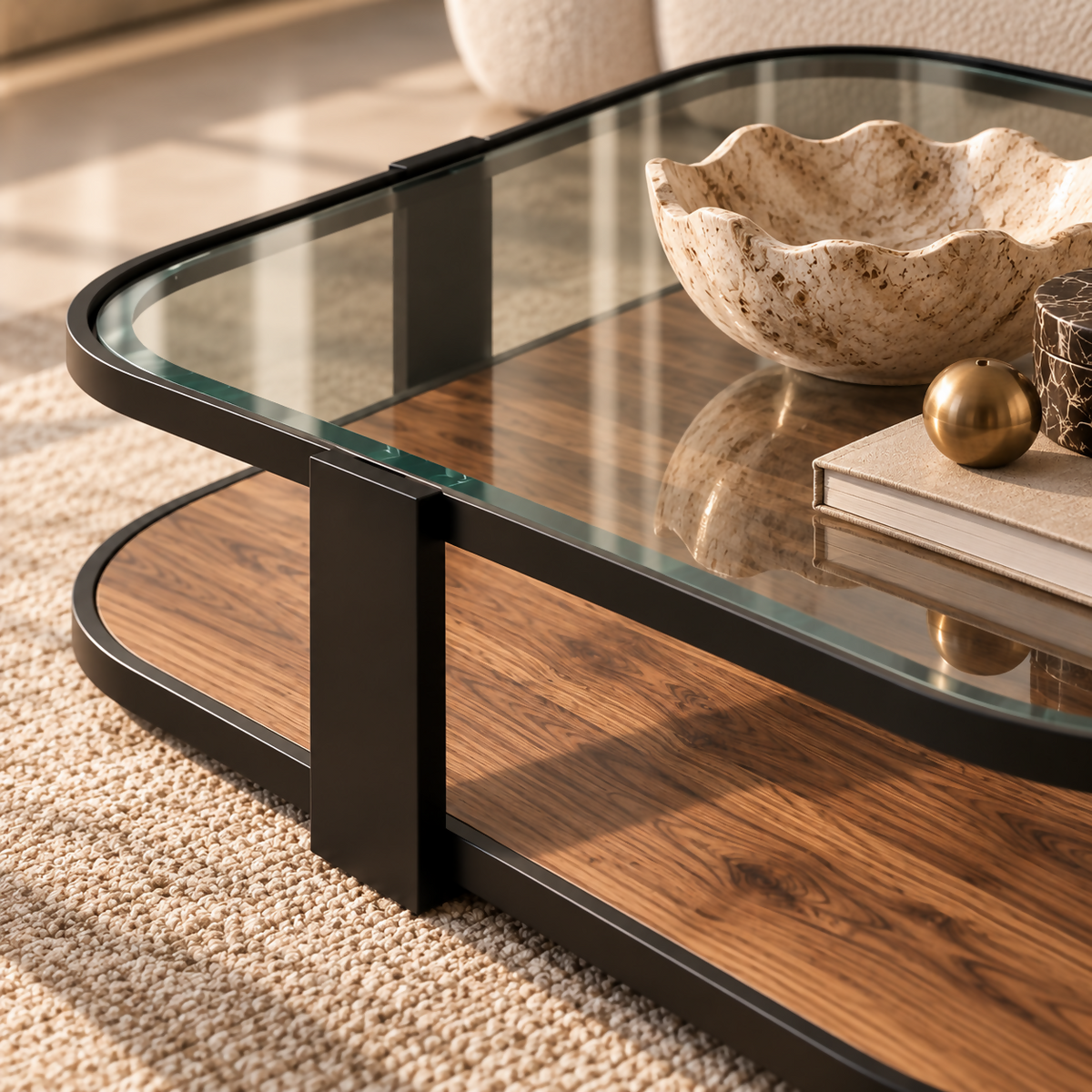 Luna Glass & Walnut Coffee Table | S08