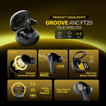 Fantech, Finecoustic Fantech Groove Ft20 Earbuds ? Active Noise Cancelling, Bluetooth 5.3, 25H Playtime, Hd Calls, Digital Display
