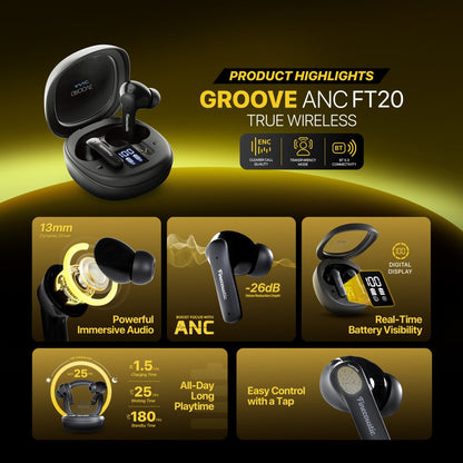 Fantech, Finecoustic Fantech Groove Ft20 Earbuds ? Active Noise Cancelling, Bluetooth 5.3, 25H Playtime, Hd Calls, Digital Display