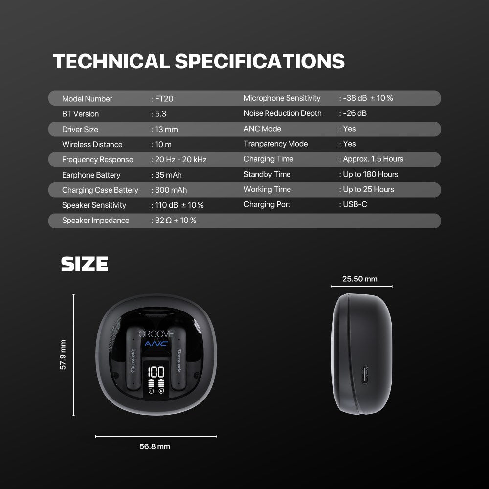 Fantech, Finecoustic Fantech Groove Ft20 Earbuds ? Active Noise Cancelling, Bluetooth 5.3, 25H Playtime, Hd Calls, Digital Display