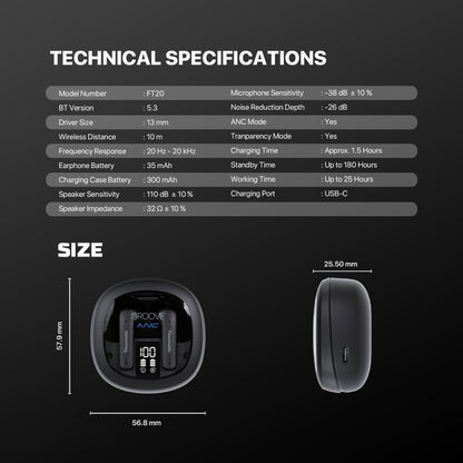 Fantech, Finecoustic Fantech Groove Ft20 Earbuds ? Active Noise Cancelling, Bluetooth 5.3, 25H Playtime, Hd Calls, Digital Display