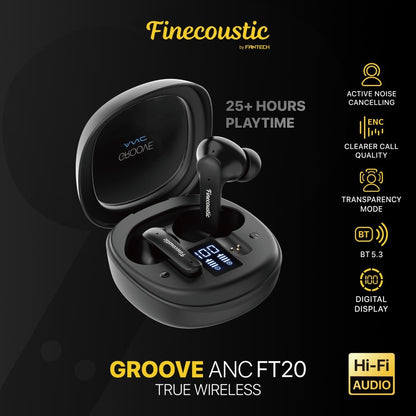 Fantech, Finecoustic Fantech Groove Ft20 Earbuds ? Active Noise Cancelling, Bluetooth 5.3, 25H Playtime, Hd Calls, Digital Display