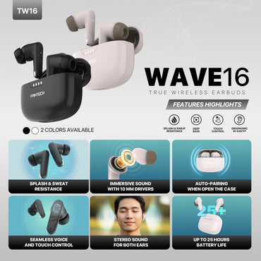 Fantech, Wave 16 Bluetooth Wireless Earbuds, Deep Bass, Up To 25 Hours Play Time - Tw16, Available in Different Colors
