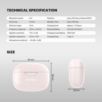 Fantech, Wave 16 Bluetooth Wireless Earbuds, Deep Bass, Up To 25 Hours Play Time - Tw16, Available in Different Colors