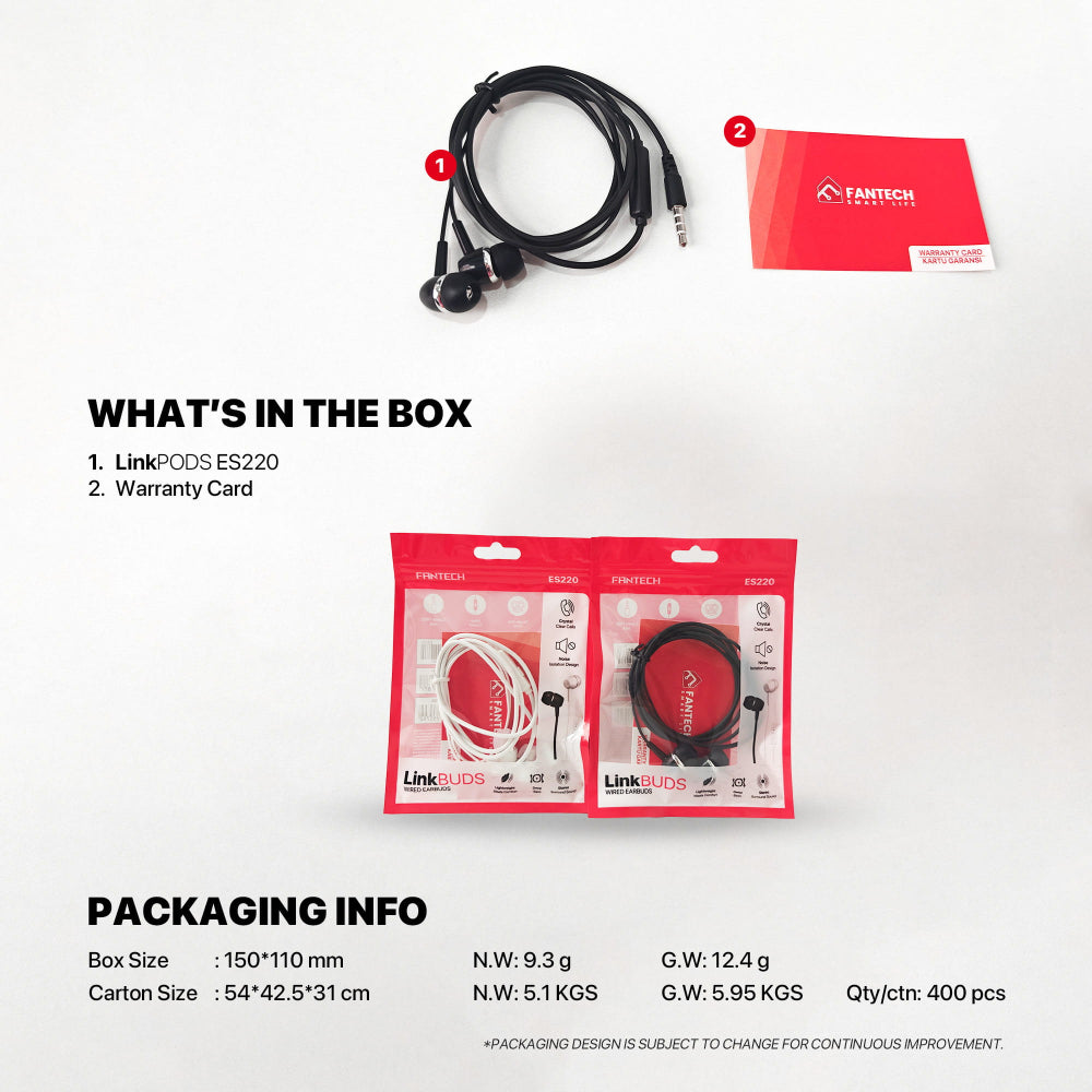 FANTECH ES220 LINKPODS Wired In?Ear Headphones with Mic, 10mm Drivers, 3.5mm TRRS, Noise-Isolating, Deep Bass