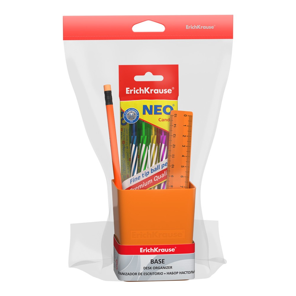 Erichkrause, Desk Organizer Base With Pencil , Ruler & 4 Pens, Ek53277 Neon Solid, Orange