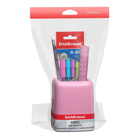 Erichkrause, Desk Organizer Forte With Pencil , Ruler & 4 Pens, 53279 Pastel, Pink With Grey Inside Part